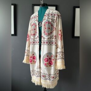Fringed duster cardigan, reworked vintage tablecloth, ladies’ size XS S M